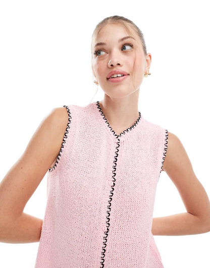 ASOS DESIGN crew neck vest with blanket stitch in pink