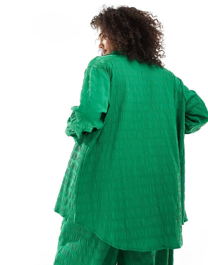 Esmée Curve textured long sleeve beach shirt in green - part of a set