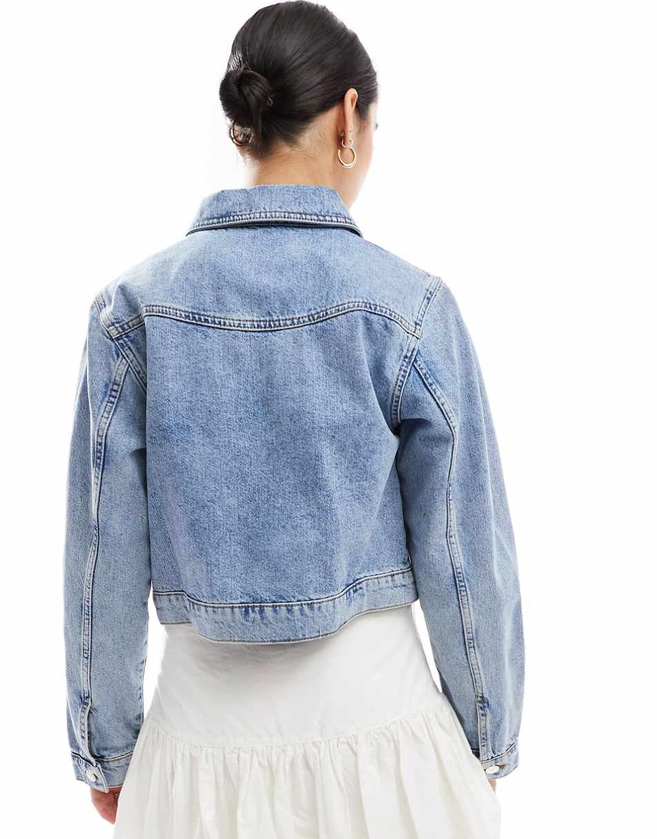 Miss Selfridge satin ribbon tie detail denim girlfriend jacket in mid blue wash