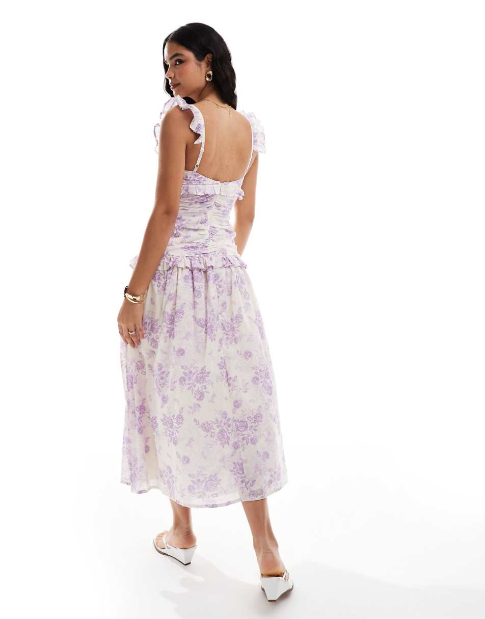 ASOS DESIGN maxi tiered floral occasion dress with frill detail in lilac and white floral