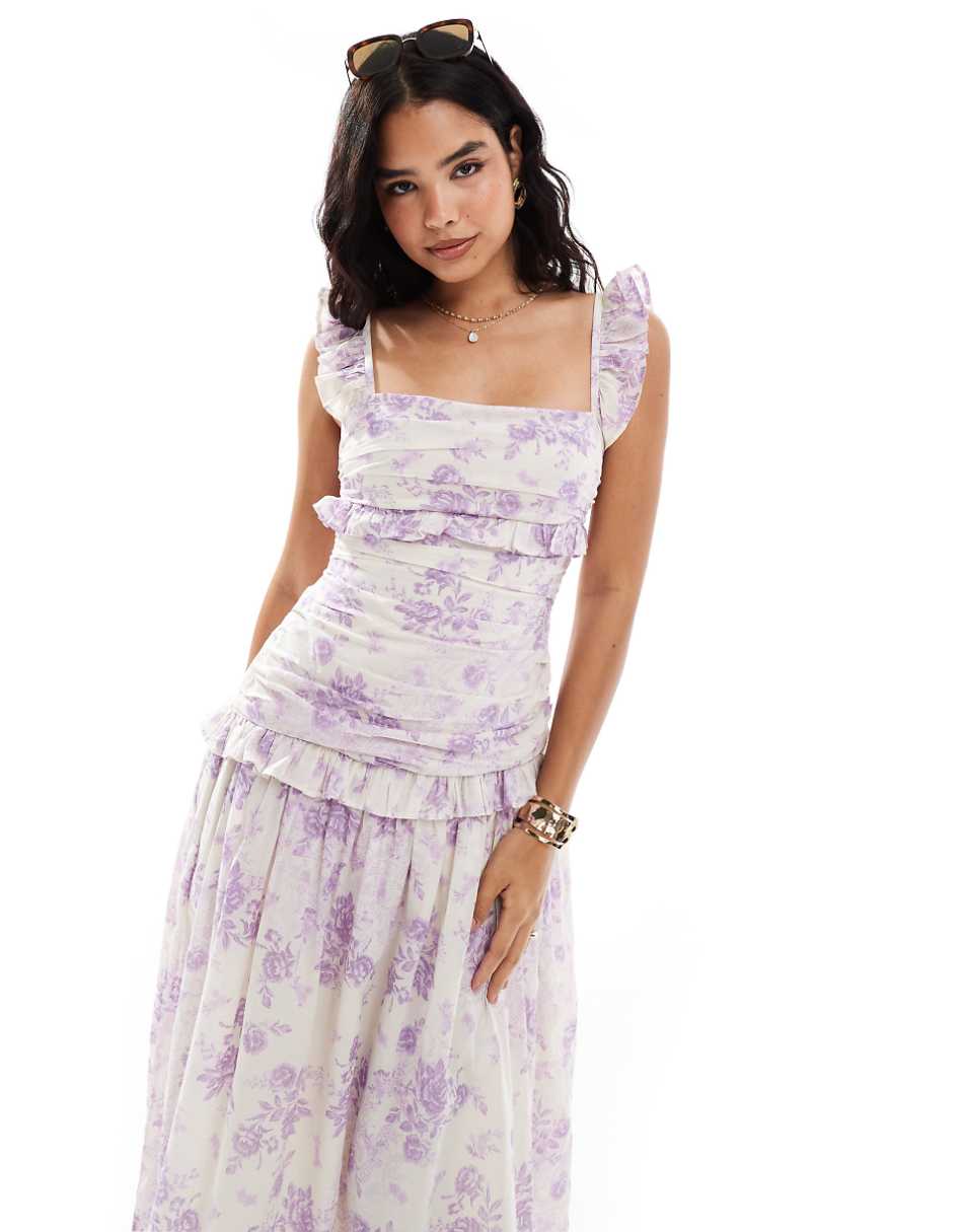 ASOS DESIGN maxi tiered floral occasion dress with frill detail in lilac and white floral