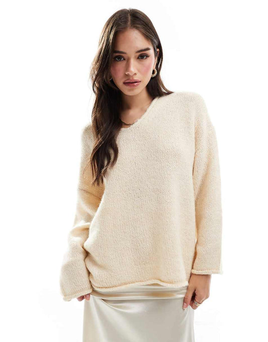 ASOS DESIGN loose knit v neck longline sweater in cream