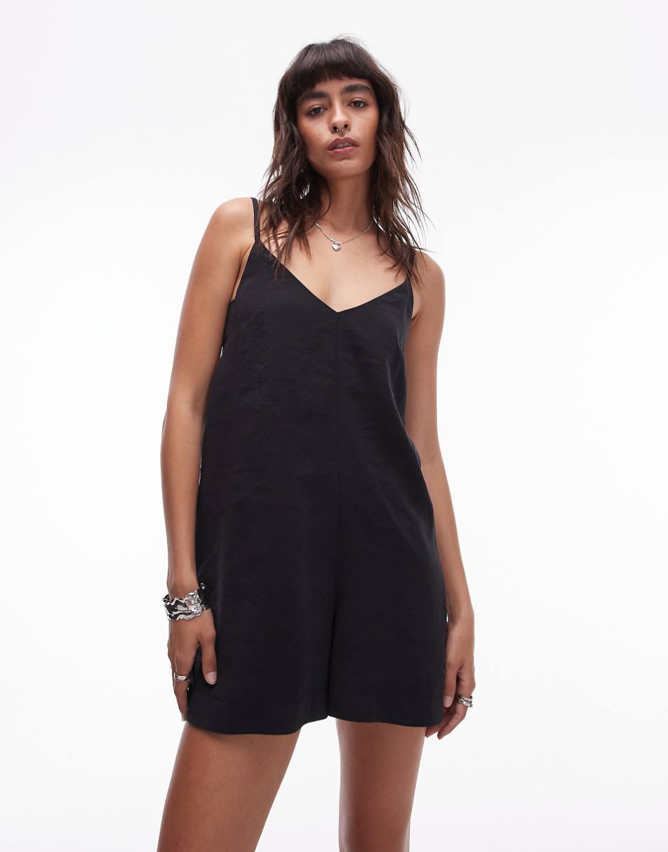 Topshop tie back romper in black cupro