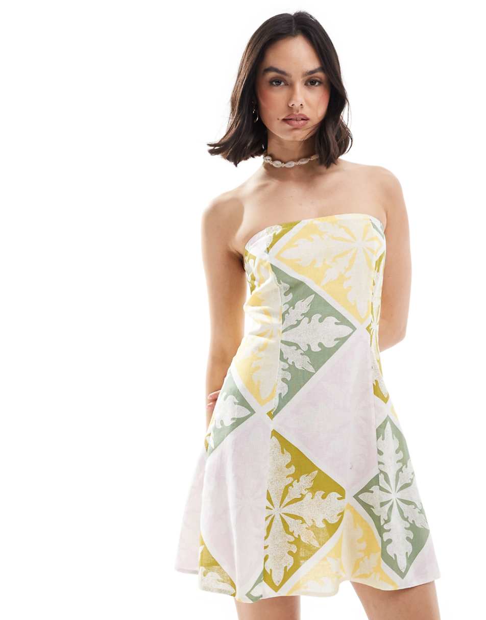 ASOS DESIGN linen bandeau mini sundress in tile print