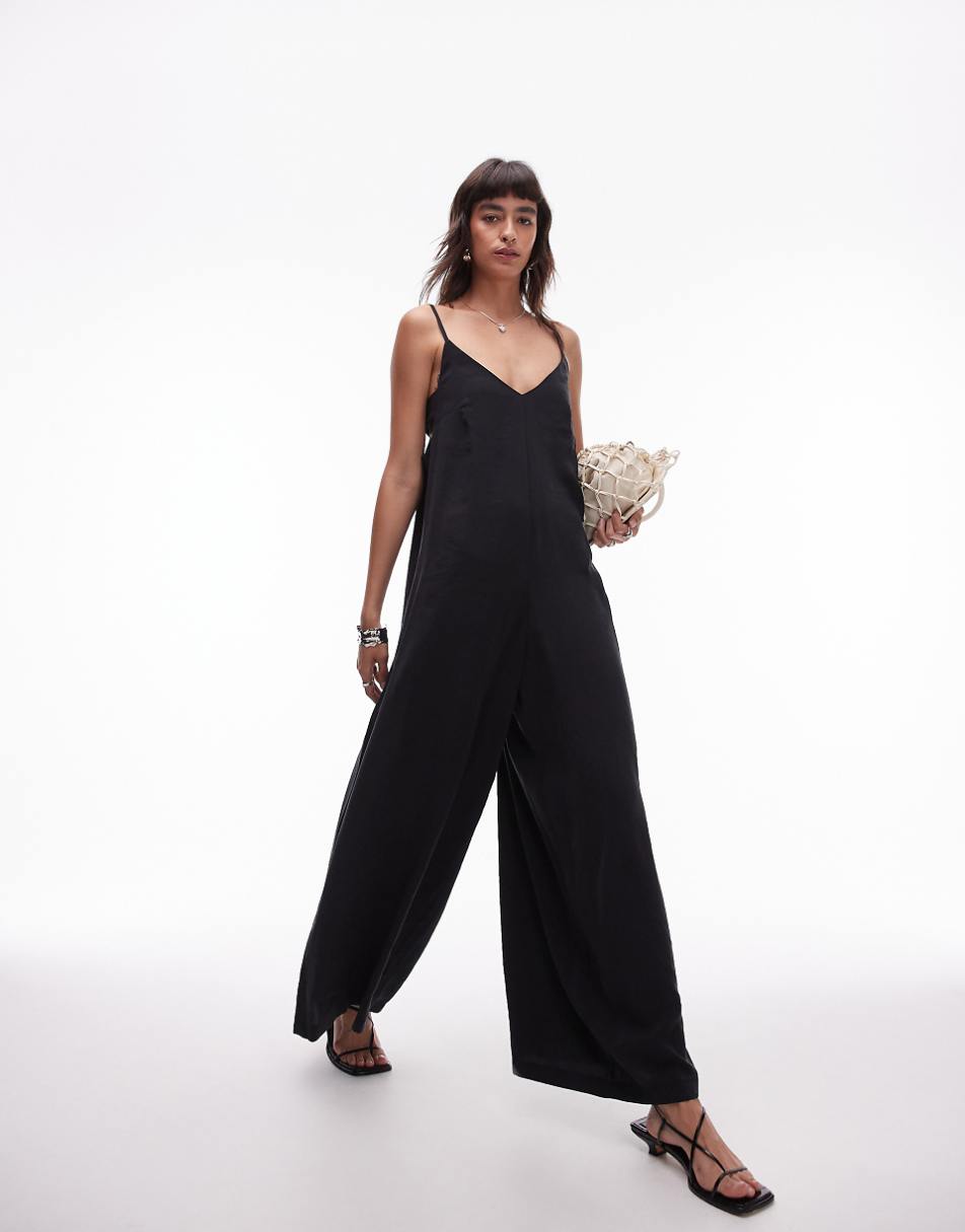 Topshop wide leg cami jumpsuit with tie back in black cupro