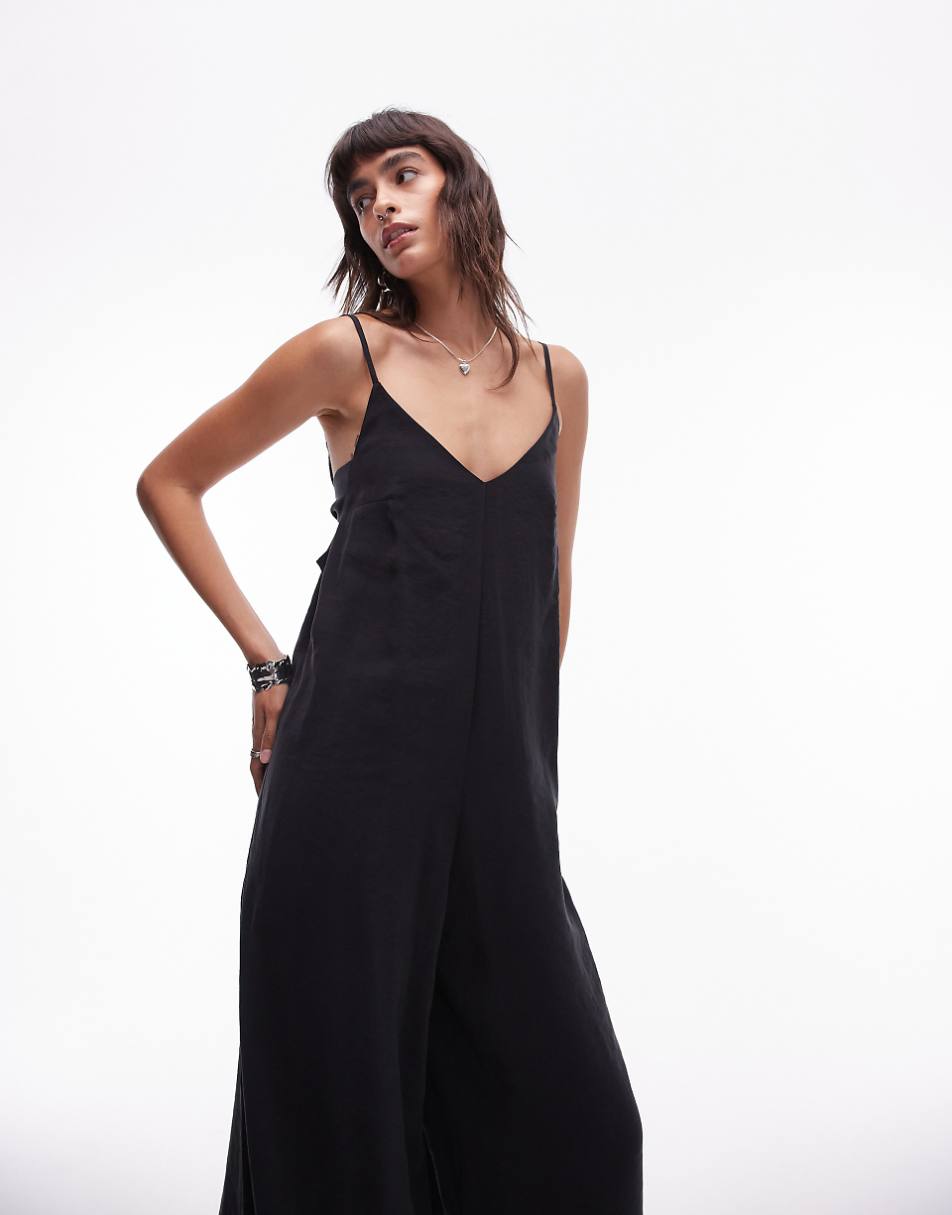 Topshop wide leg cami jumpsuit with tie back in black cupro