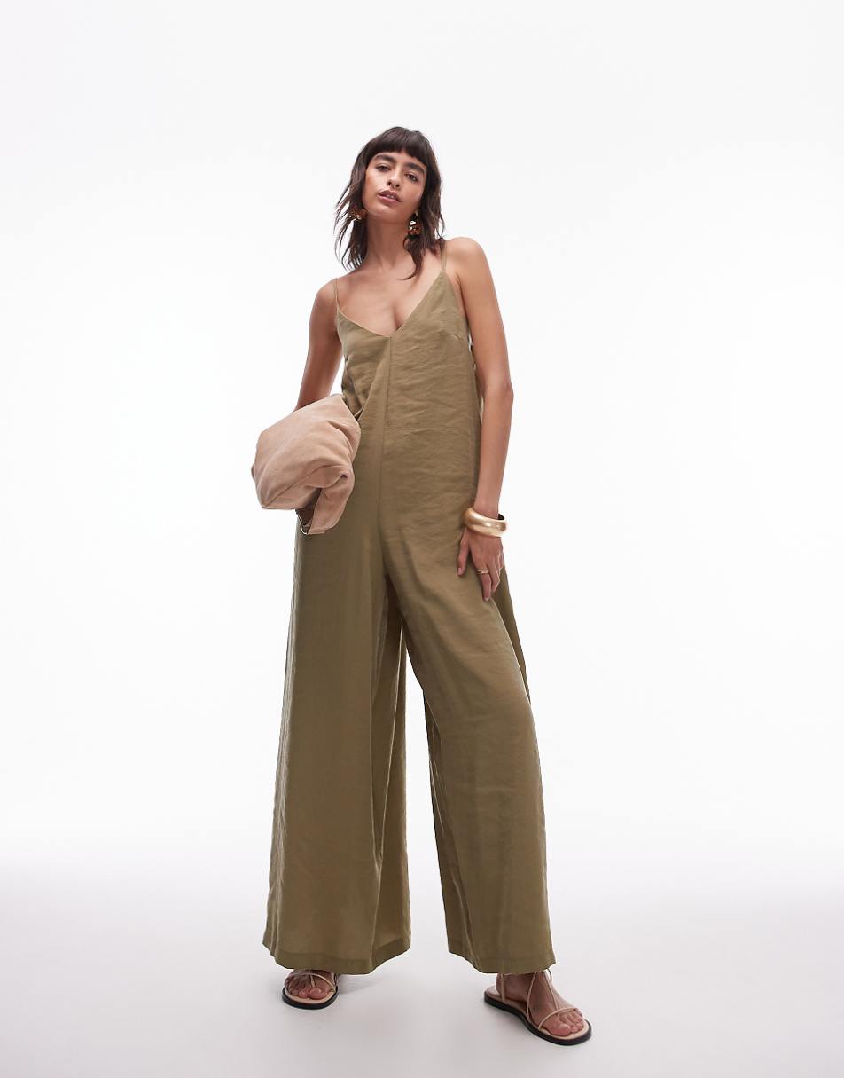 Topshop cami wide leg jumpsuit with tie back in khaki