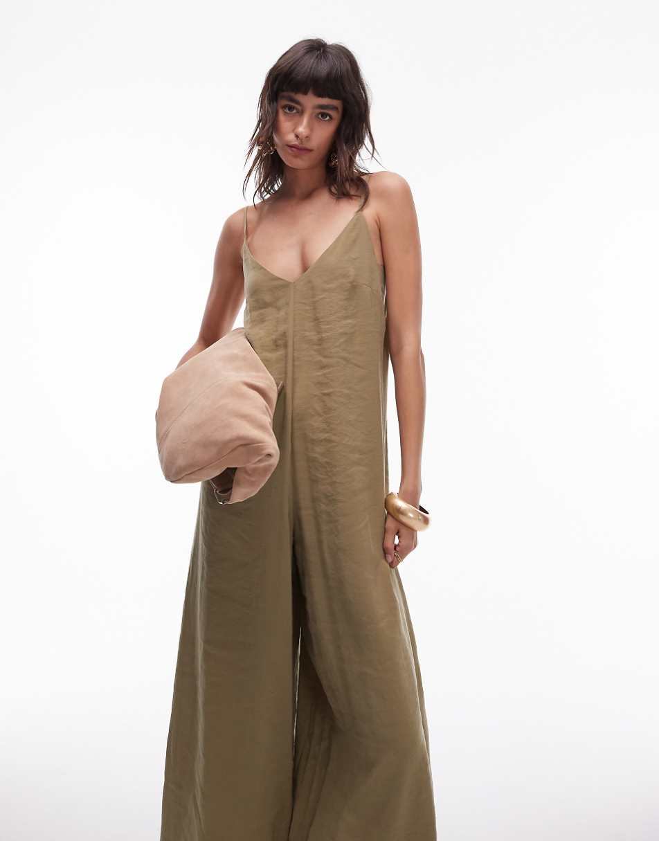 Topshop cami wide leg jumpsuit with tie back in khaki