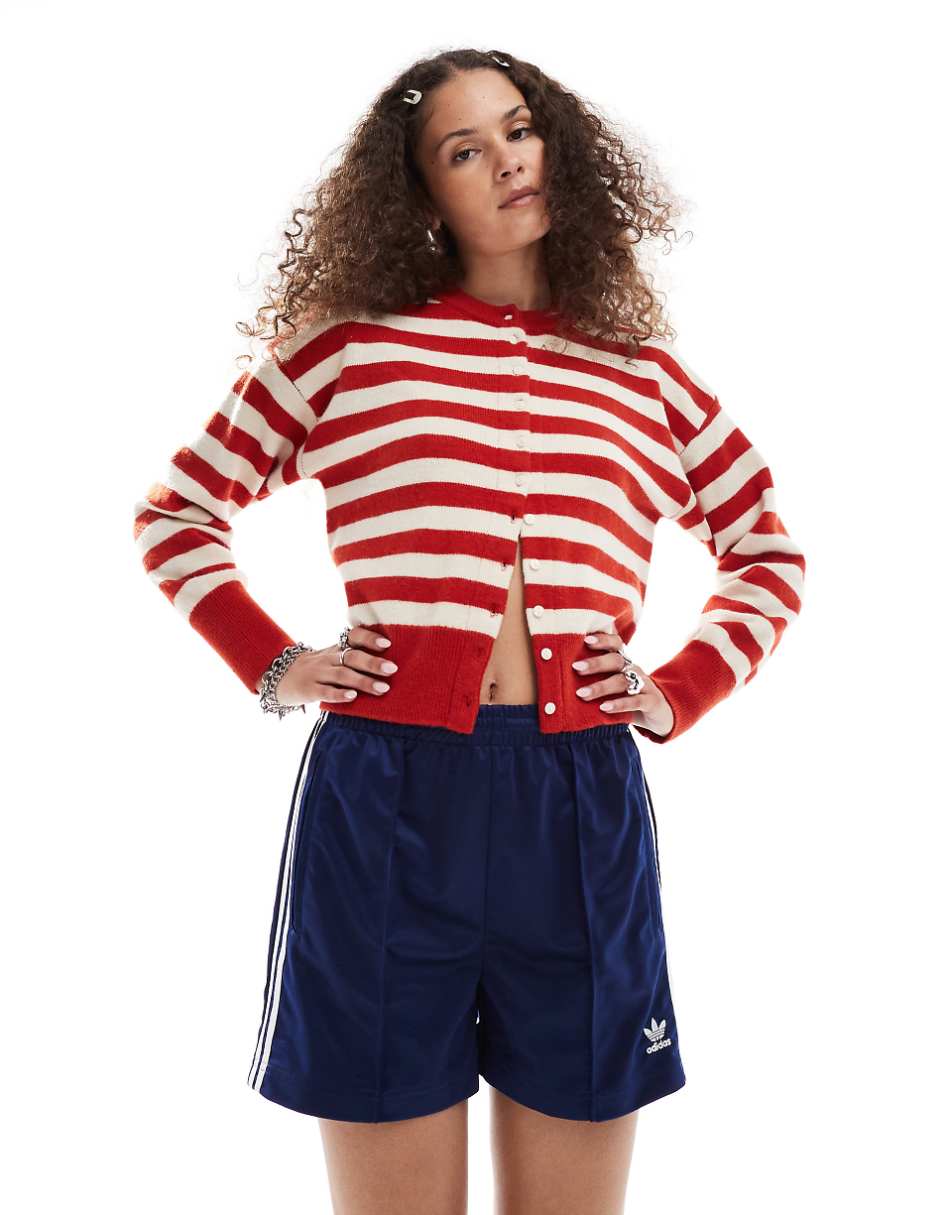 Daisy Street fitted waist cardigan in red white stripe