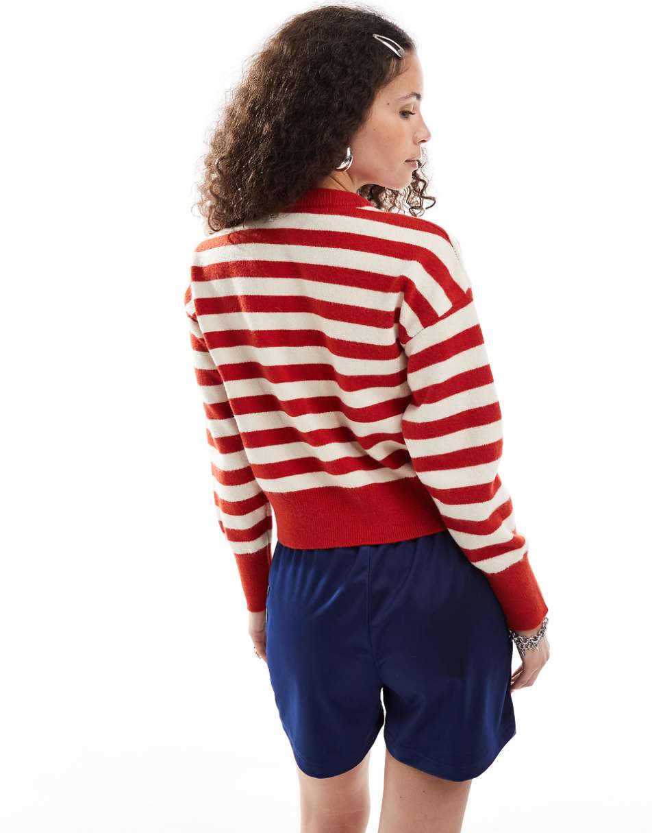 Daisy Street fitted waist cardigan in red white stripe