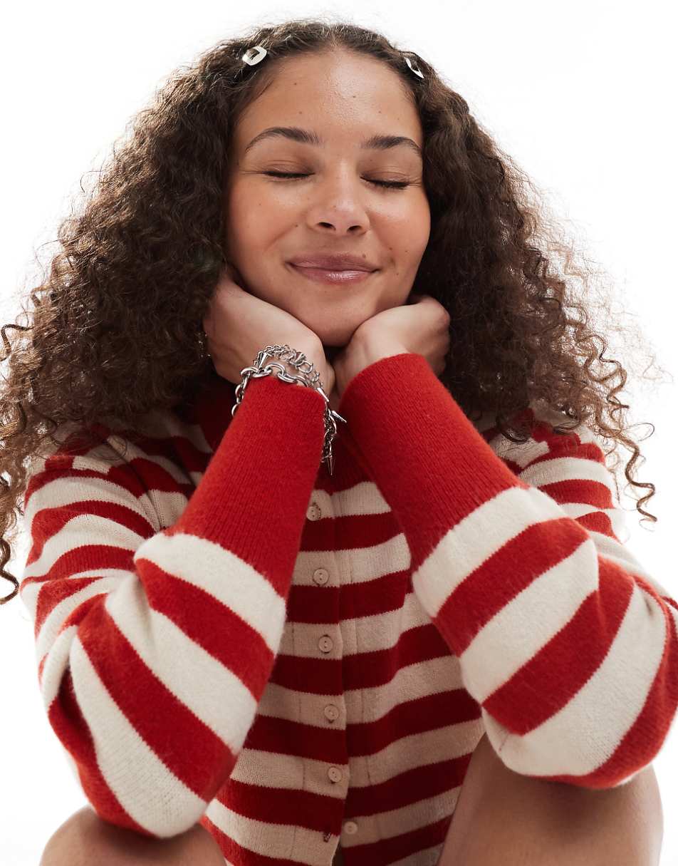 Daisy Street fitted waist cardigan in red white stripe