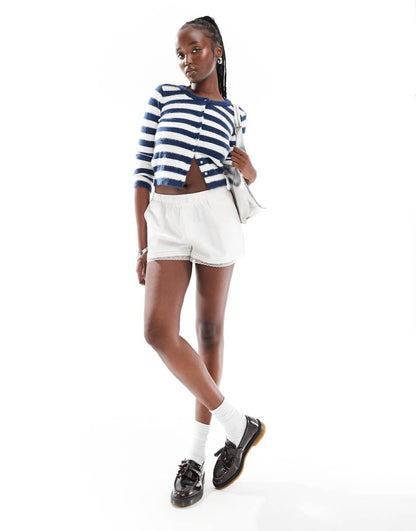 Daisy Street fluffy knit micro cardigan in white navy stripe