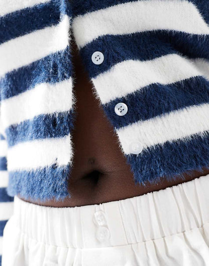 Daisy Street fluffy knit micro cardigan in white navy stripe