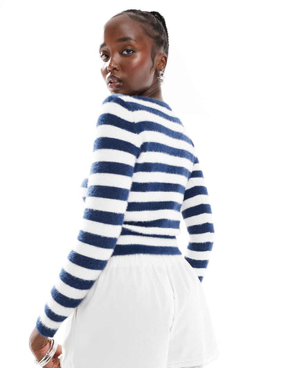 Daisy Street fluffy knit micro cardigan in white navy stripe