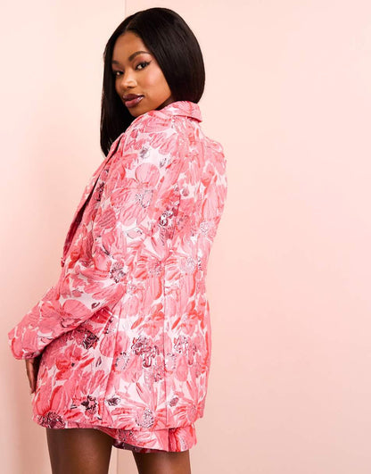 ASOS LUXE jacquard blazer with shoulder pads in pink floral print - part of a set