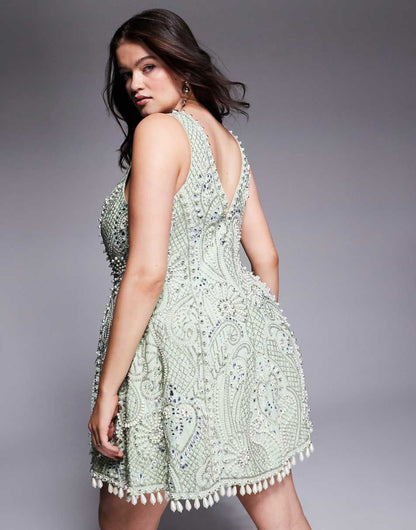 ASOS LUXE Curve embellished cotton sweetheart caged mini dress in sage green