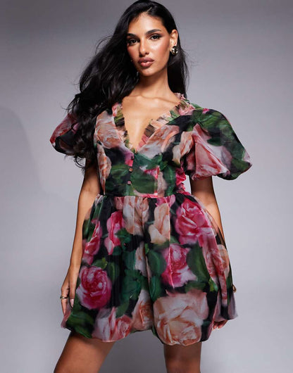 ASOS LUXE organza bubble mini dress with puff sleeves in black floral print