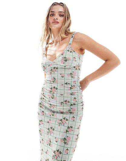 ASOS DESIGN powermesh strappy midi tea dress with bust seams in floral print