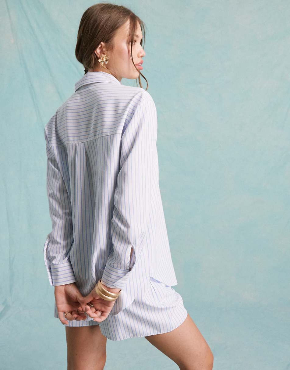 Miss Selfridge poplin oversized shirt in white and blue stripe - part of a set
