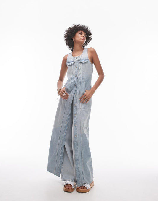 Topshop denim sleeveless maxi dress in bleach