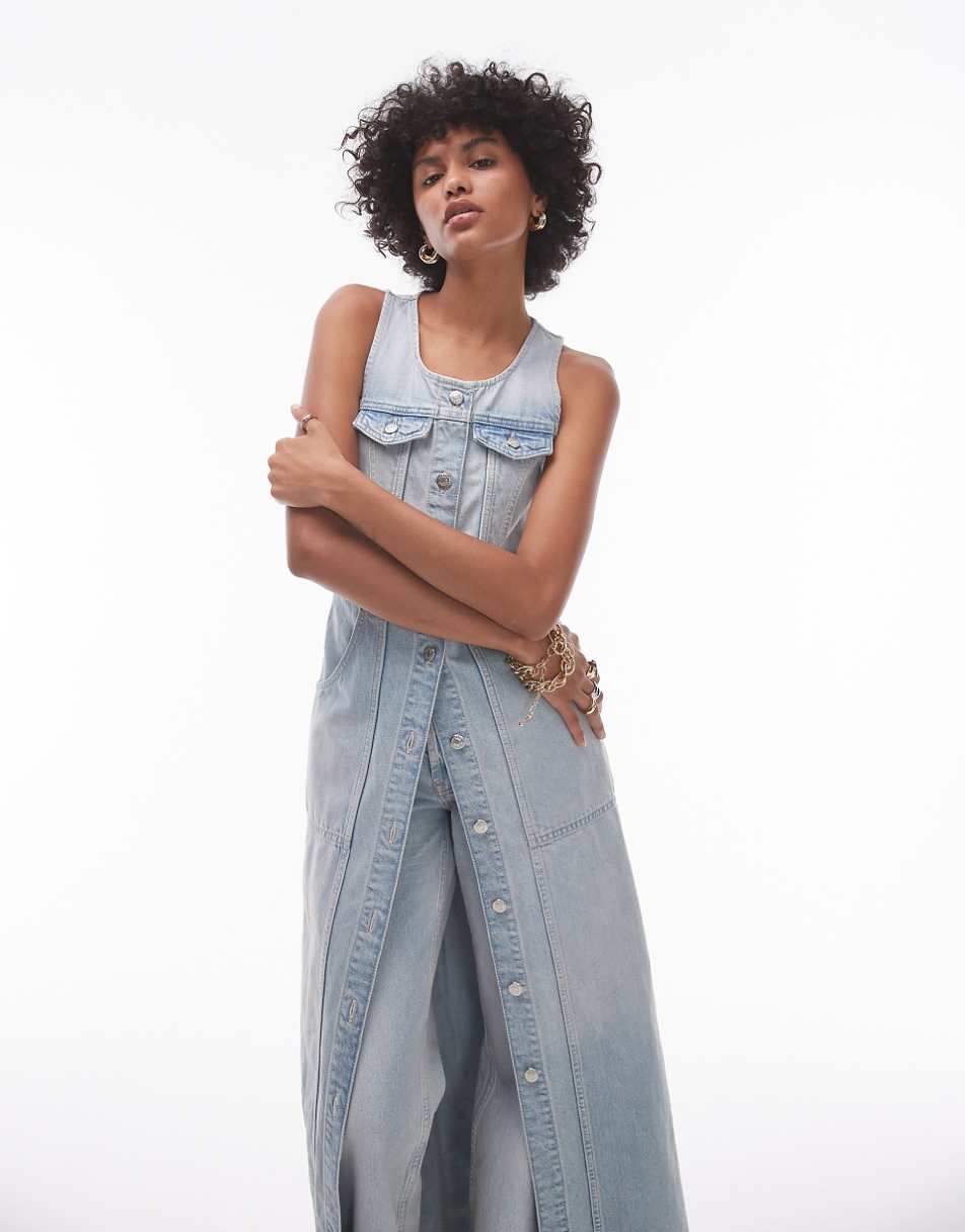 Topshop denim sleeveless maxi dress in bleach