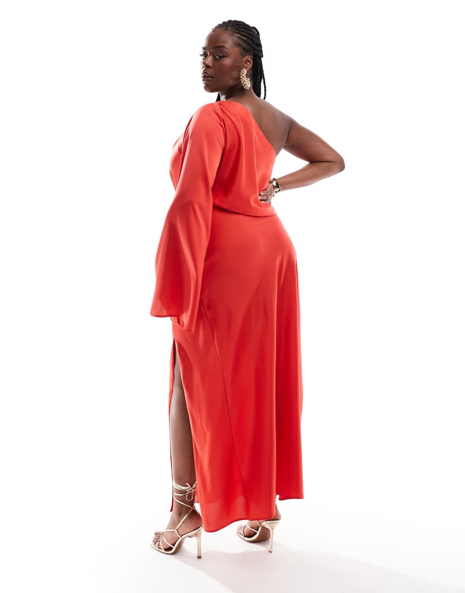 ASOS DESIGN Curve satin off the shoulder asymmetric maxi dress in red