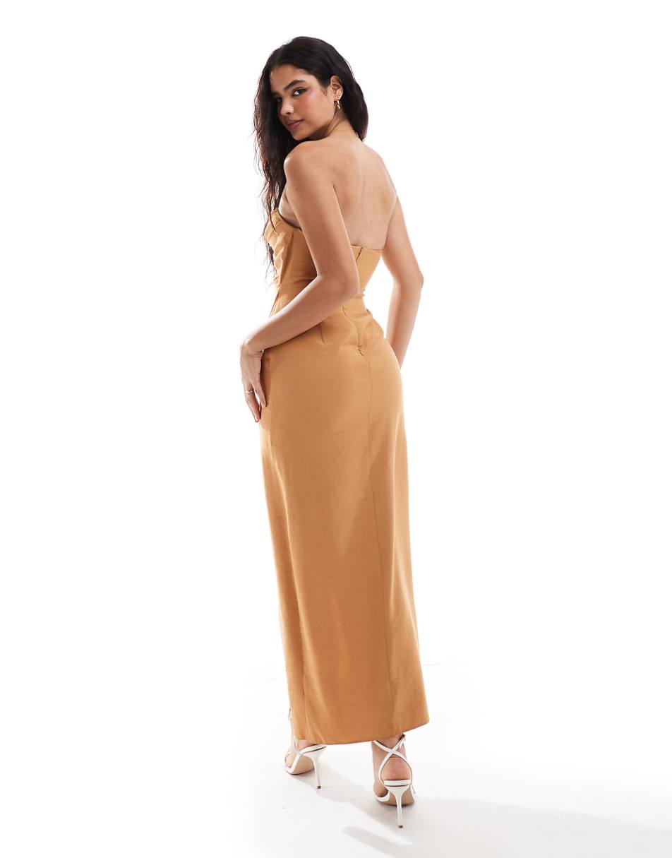 ASOS DESIGN bandeau pleat midi dress with split in brown