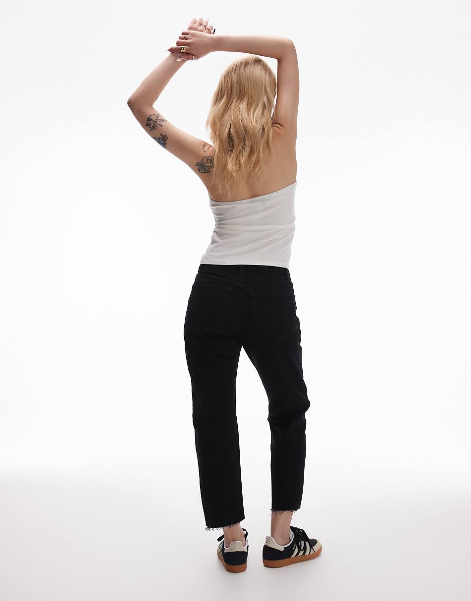 Topshop Petite cropped mid rise straight jeans with raw hems in black