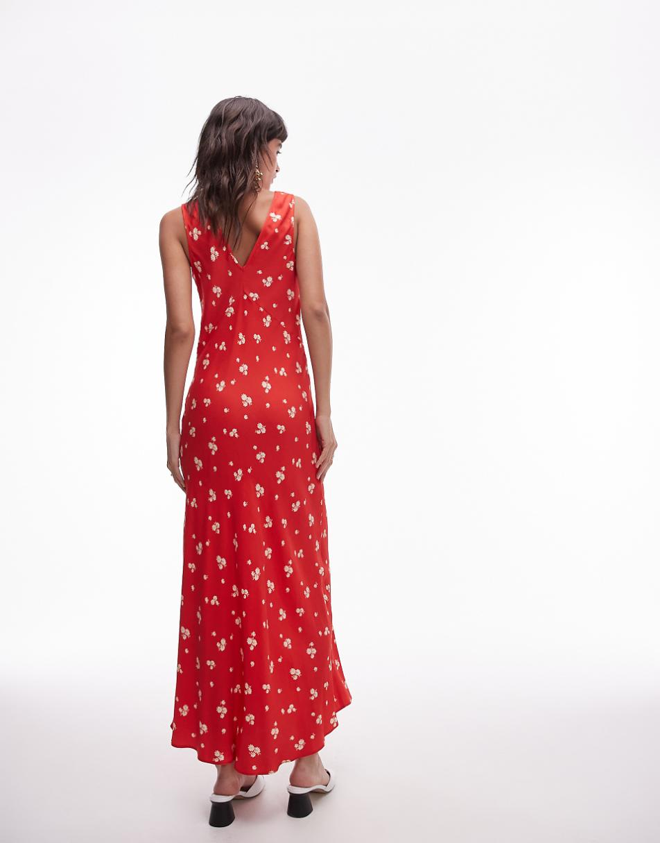 Topshop double v midi slip dress in red ditsy print