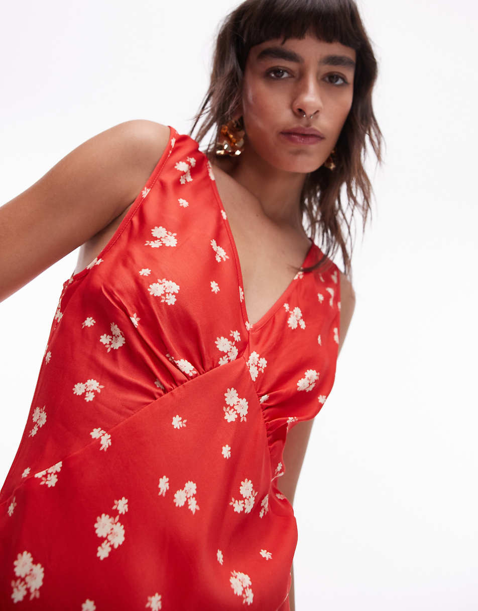 Topshop double v midi slip dress in red ditsy print