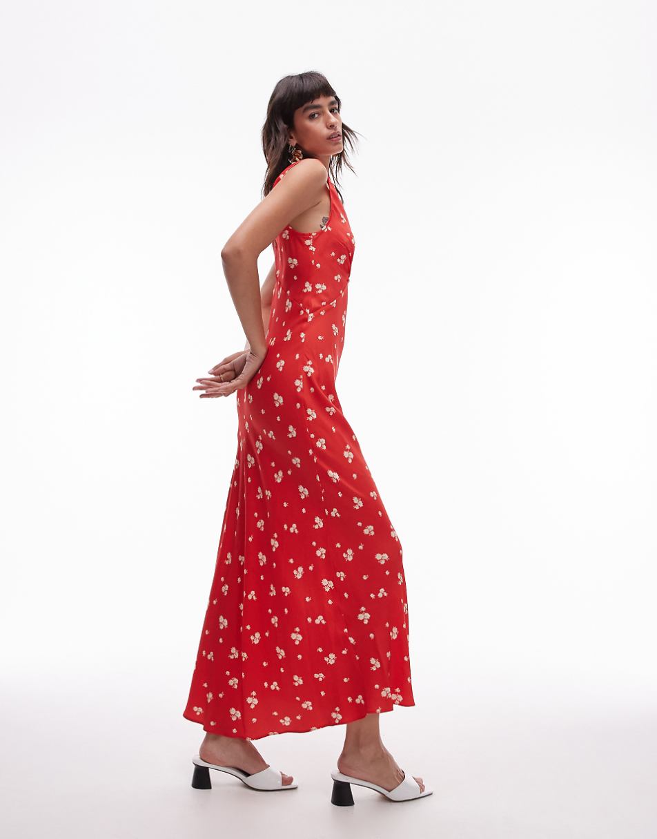 Topshop double v midi slip dress in red ditsy print