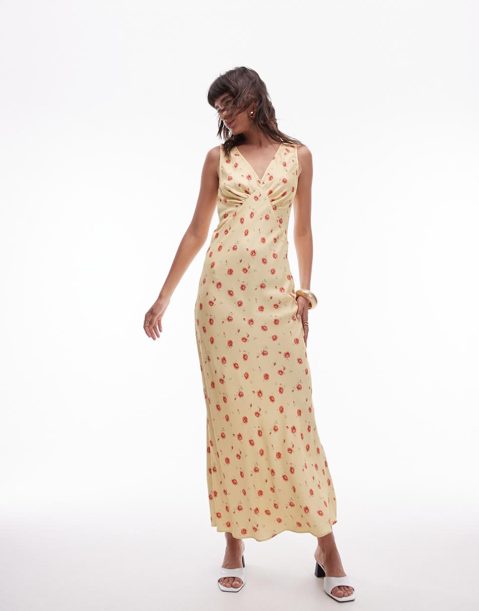 Topshop v neck midi length slip dress in yellow and red rose print