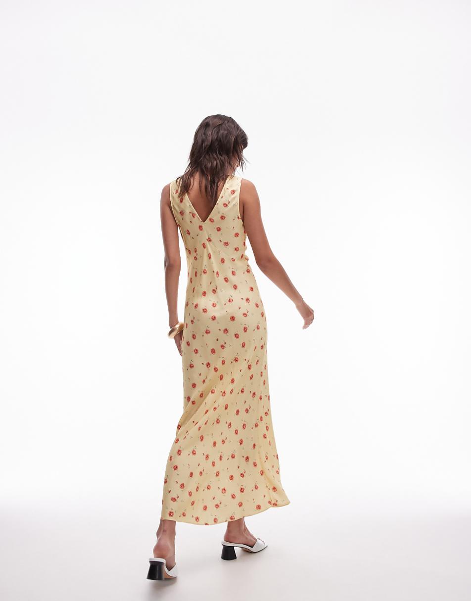 Topshop v neck midi length slip dress in yellow and red rose print