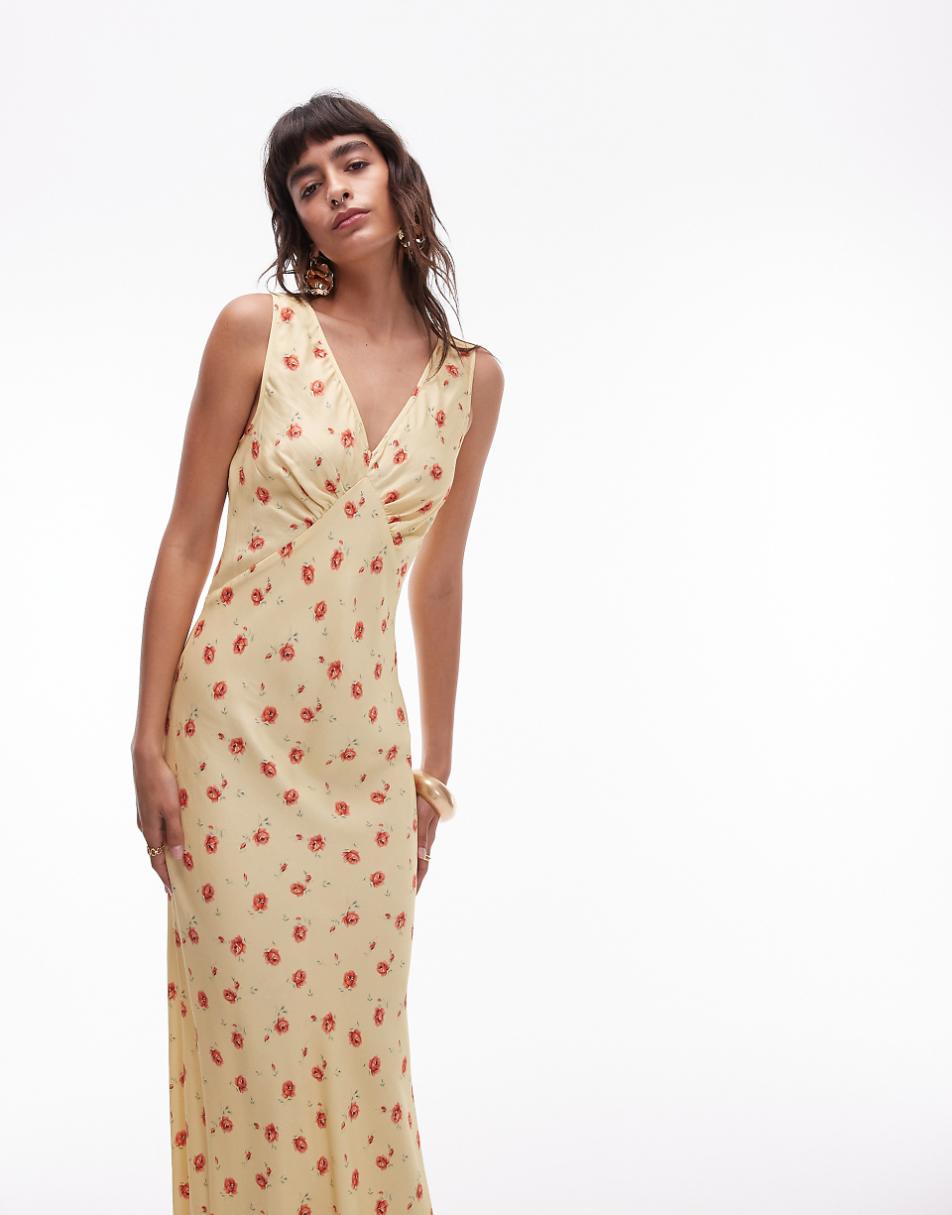 Topshop v neck midi length slip dress in yellow and red rose print