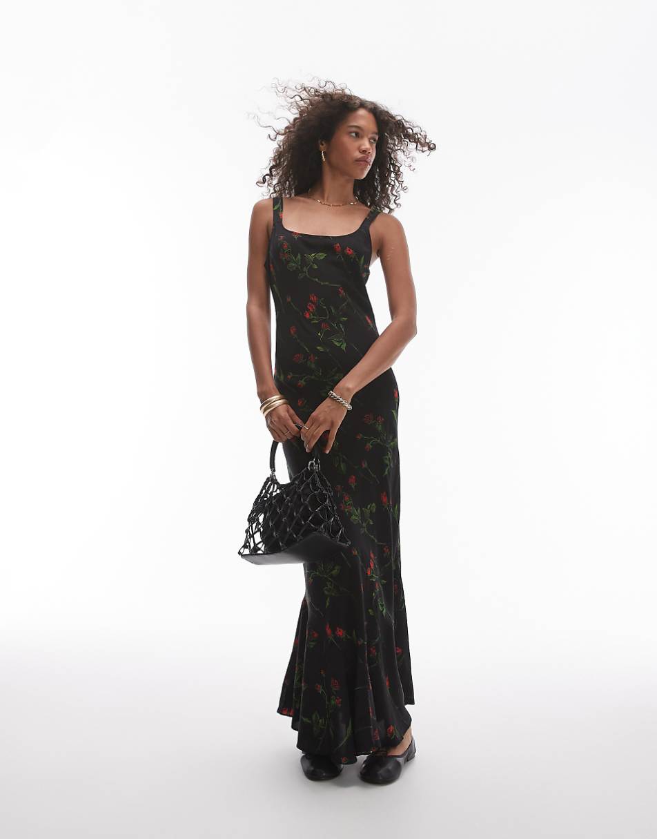 Topshop fluted hem slip midi dress in dark floral