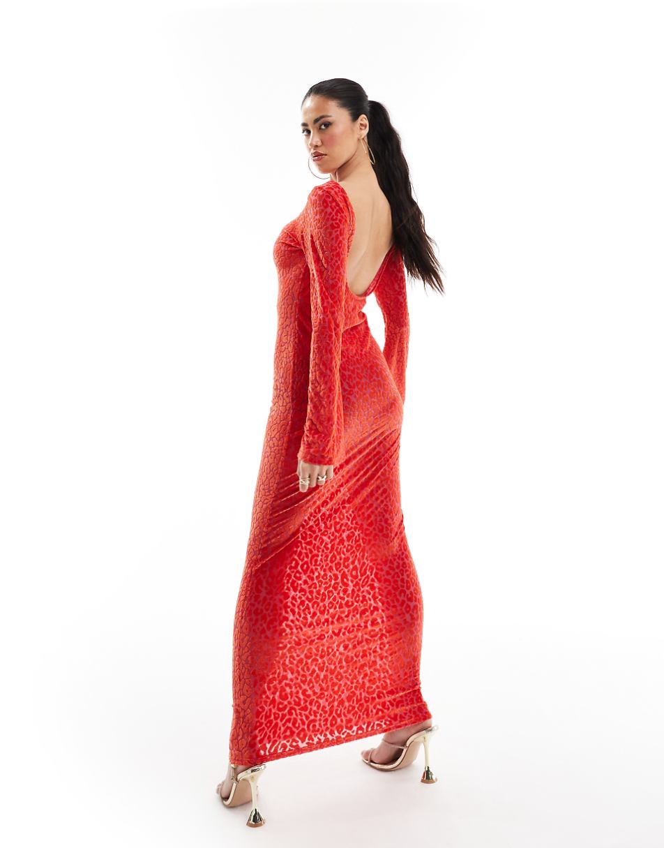 ASOS DESIGN low back sheer burnout mesh maxi dress with angel sleeves in red