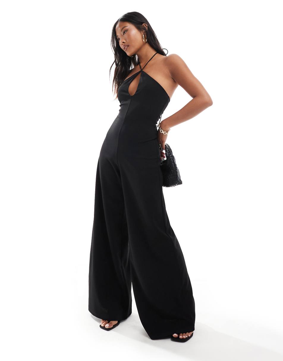 ASOS DESIGN Petite cut out halter wide leg jumpsuit in black