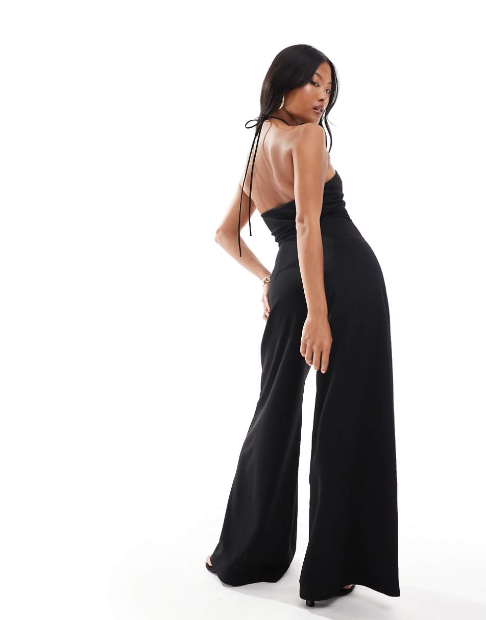 ASOS DESIGN Petite cut out halter wide leg jumpsuit in black