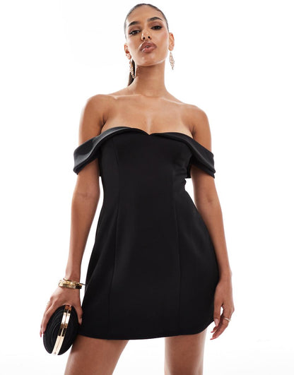 ASOS DESIGN scuba sweetheart bardot mini dress in black