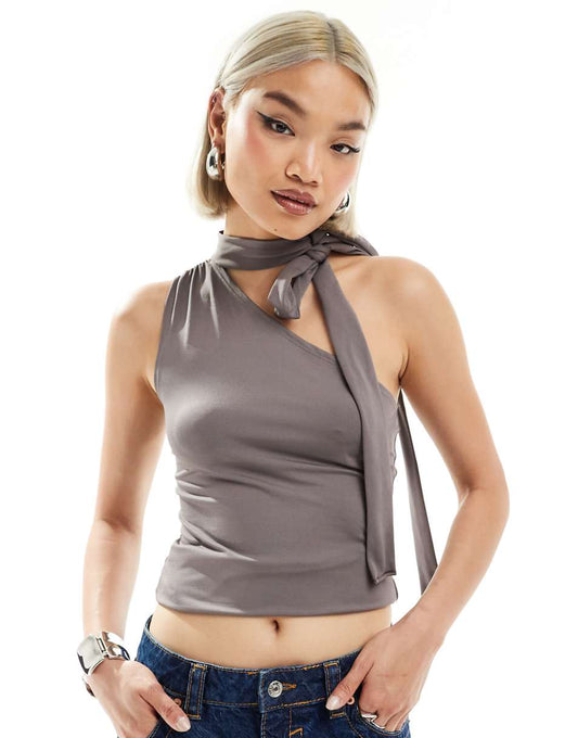 Weekday Iza one shoulder halter top in mole exclusive to ASOS