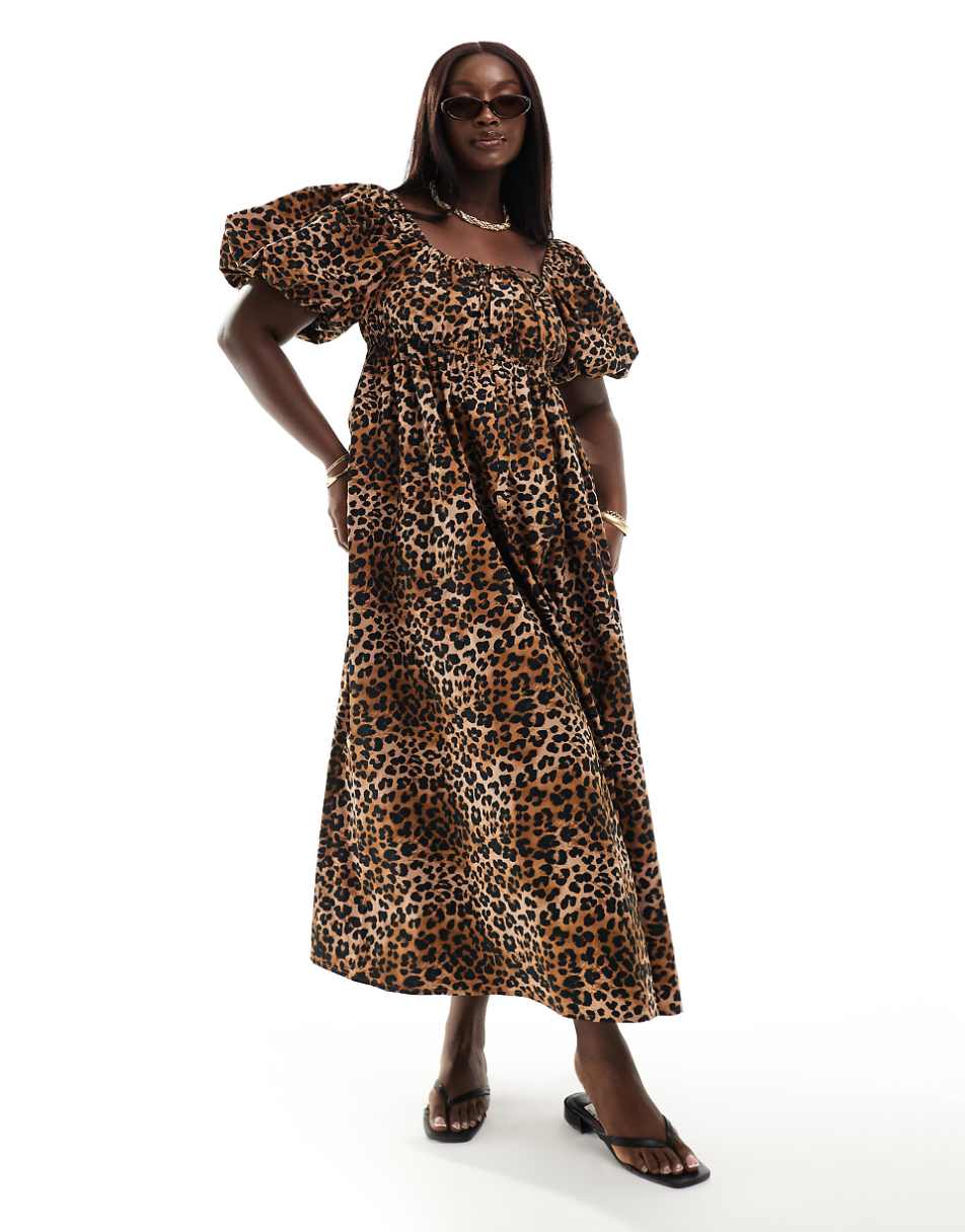 ASOS DESIGN Curve puffed sleeve smock midi dress in leopard print