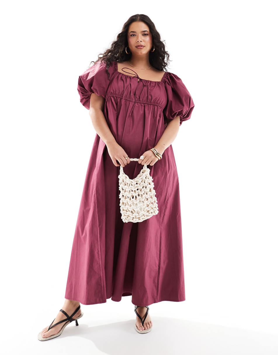 ASOS DESIGN Curve puffed sleeve smock midi dress in burgundy