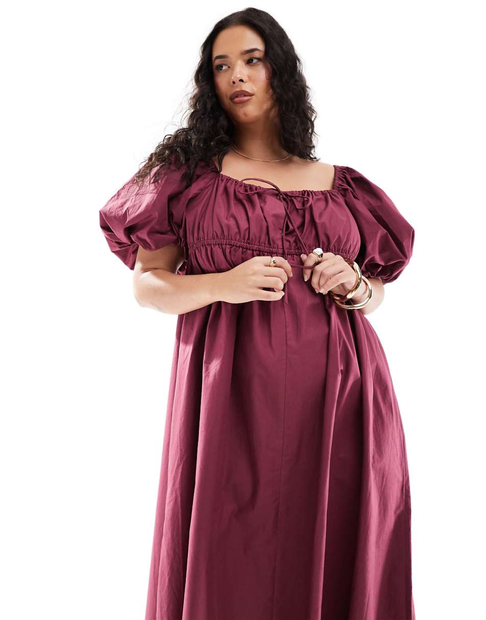 ASOS DESIGN Curve puffed sleeve smock midi dress in burgundy