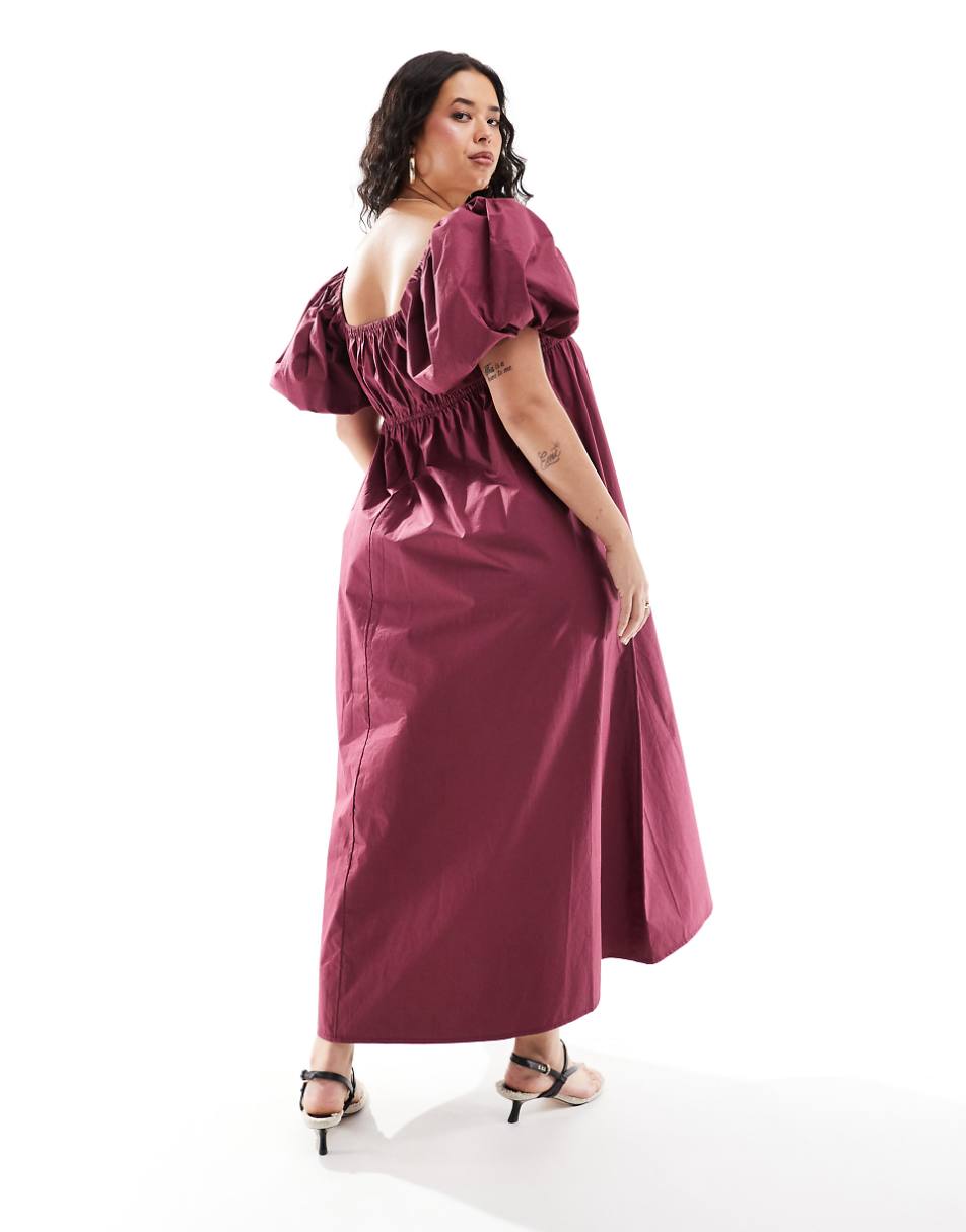 ASOS DESIGN Curve puffed sleeve smock midi dress in burgundy