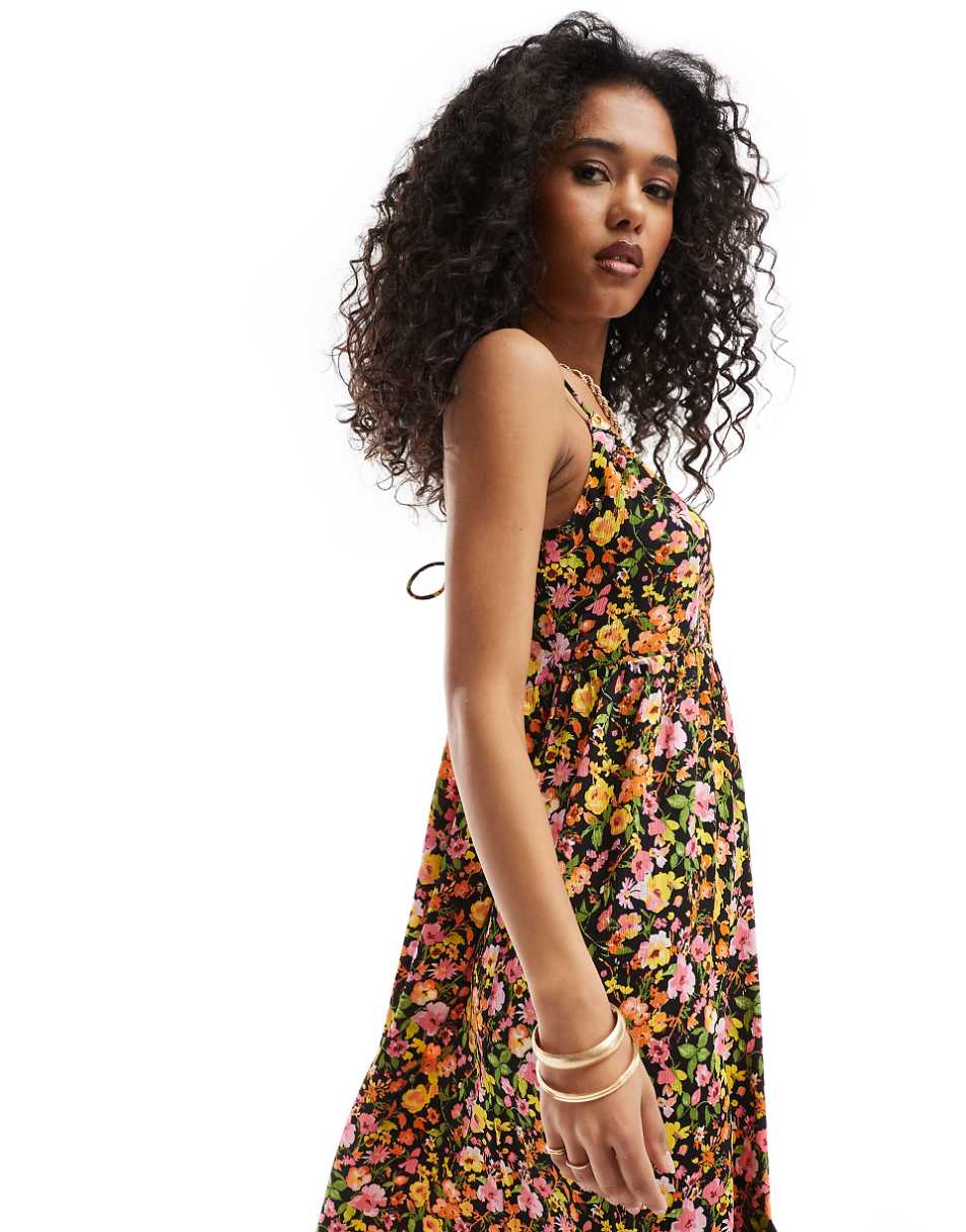 Vero Moda maxi cami dress with cut-out in black floral print