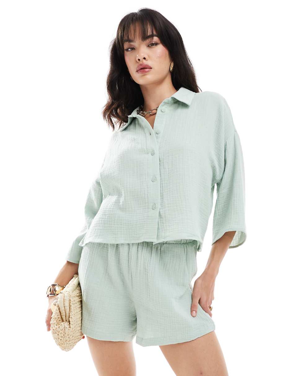 Vero Moda textured cropped shirt in pale green - part of a set