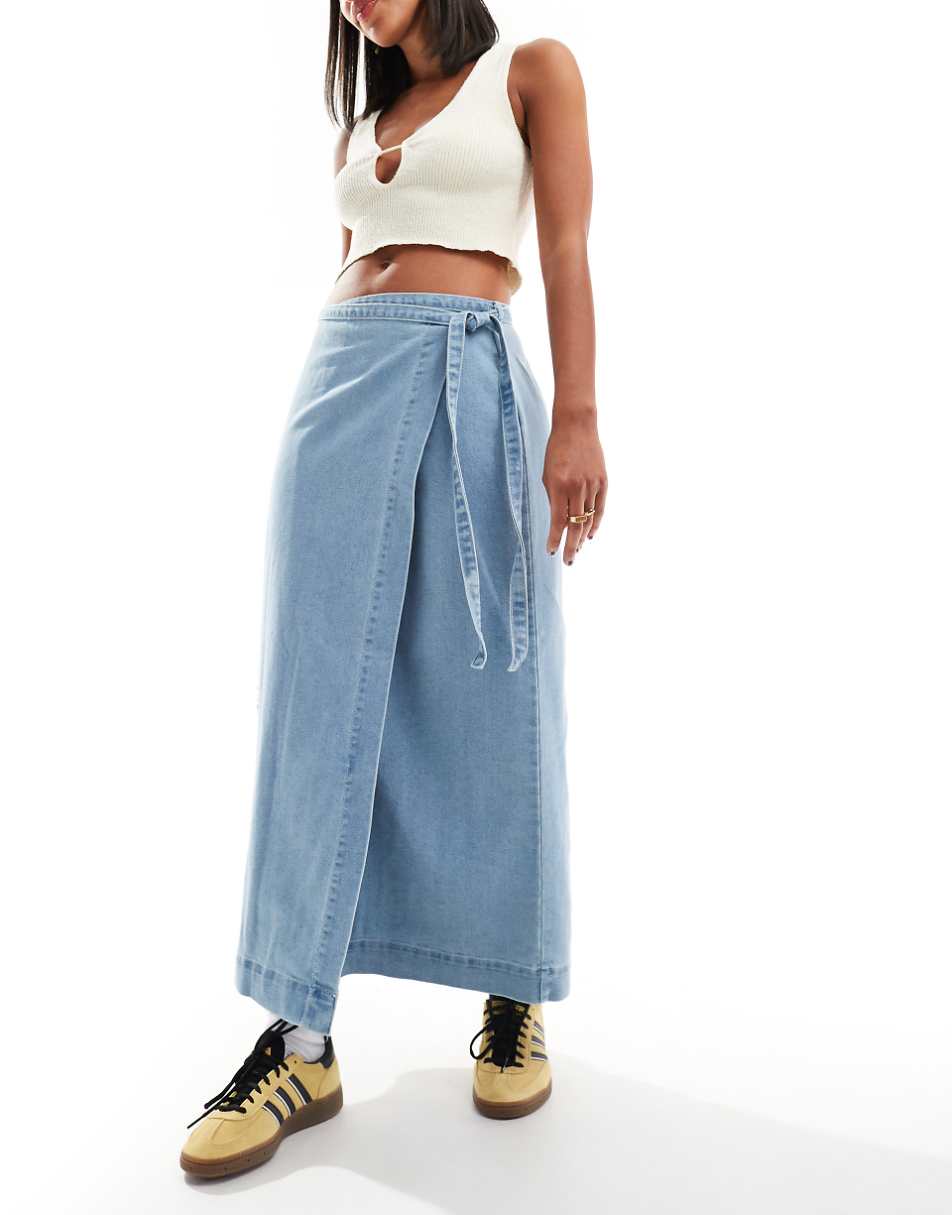 Vero Moda denim maxi wrap skirt in light blue