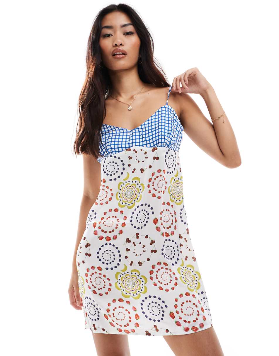 Vero Moda satin mini slip dress in abstract fruit print