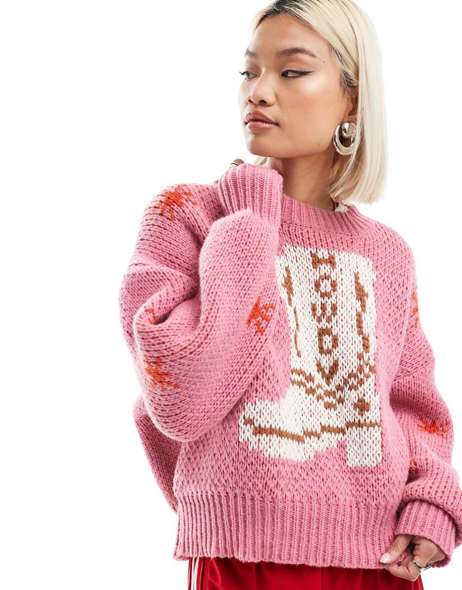 Bailey Rose chunky knitted sweater in pink with cowboy boot