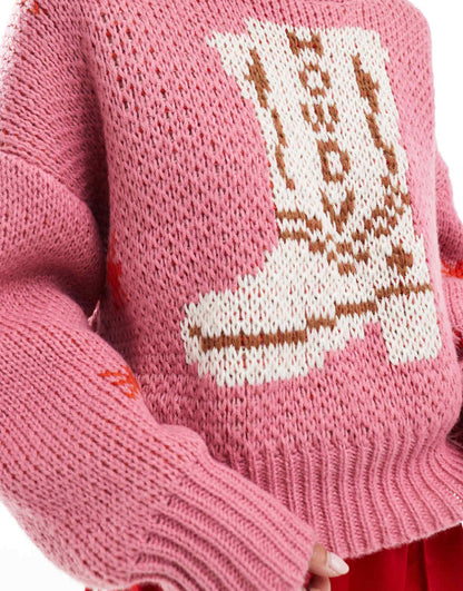 Bailey Rose chunky knitted sweater in pink with cowboy boot